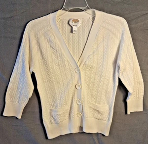 Talbots Cardigan Sweater Women's Petite Small White 100% Pima Cotton Cable Knit - Picture 1 of 8