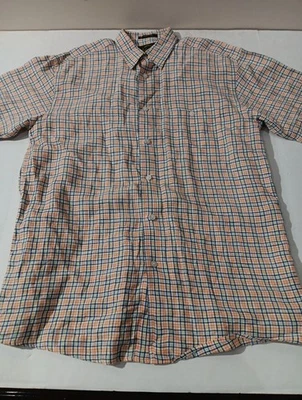 Orvis Shirt Mens Large Orange Plaid Checkered Button Up Short Sleeves 100% Linen - Image 1 of 4