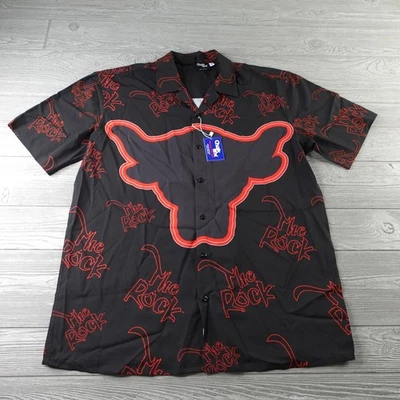 NEW Chalk Line WWE Button Up Shirt Mens Large Black The Rock Bull Printed Sports - Image 1 of 4
