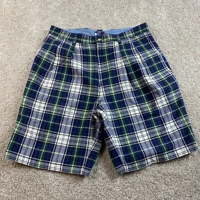 Vtg 90s Tommy Hilfiger Mens Plaid Check Flat Front Shorts 34 Blue Green Preppy - Image 1 of 4