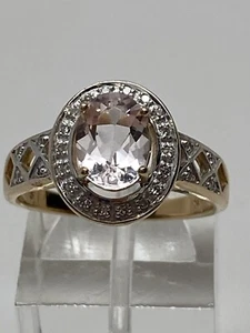 14K Gelbgold natürlicher ovaler Morganit und Diamant gepflasterter Ring Größe 7,25 - Bild 1 von 12