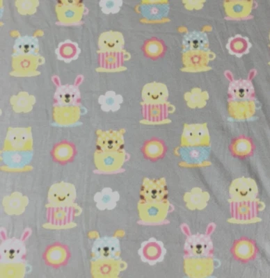 Teacup Animals 1.75 yd FLEECE Fabric Gray Bear Owl Bunny Chick Kitten Material - Image 1 of 3