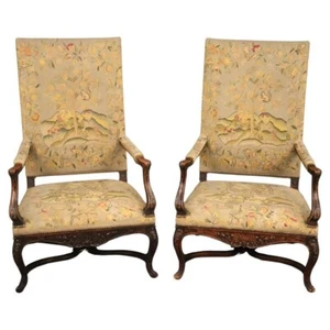 Superb Pair of Hand-woven Tapestry French Tall Back Louis XV Throne Armchairs - Picture 1 of 18