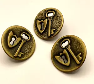 Brass Lock and Key Buttons - Set of 3 Flat Shank Sewing Buttons - Picture 1 of 5