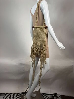 Сумка через плечо ручной работы макраме с деревянными ручками и бахромой детали натуральный Bei - Изображение 1 из 4