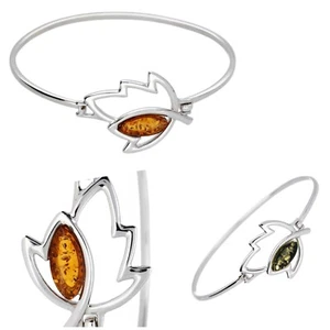 Baltic Amber Leaf Bracelet Bangle Solid Sterling Silver 925 Cognac Green - Picture 1 of 7