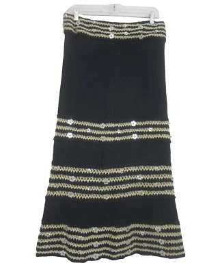 Tory Burch Womens Size M Navy Blue Tan 100% Linen Knit Flower Beaded Midi Skirt - Image 1 of 4