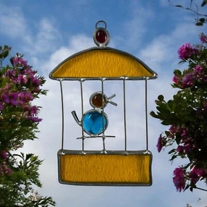 Stained Glass Bird in Cage Suncatcher Vtg Country Cottage Window Decor 6" x 4" - Picture 1 of 7