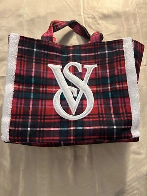 VICTORIA'S SECRET Red Plaid Holiday VS LOGO Plaid Tote Bag White fur Limited - Image 1 of 4