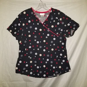 Holiday Christmas Womens M Black Red V-Neck Chevron Circles Scrub Top Scrub Star - Picture 1 of 9