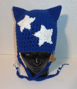 Handgefertigte Katzenohr Beanie blau mit weißen Sternen Erwachsene Unisex korallein inspiriert - Bild 1 von 3