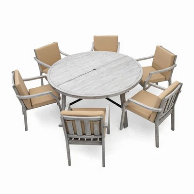 Juego de comedor exterior para 6 personas - Mesa y sillas de patio de madera con orificio para sombrilla y cojines Foto 1 de 4