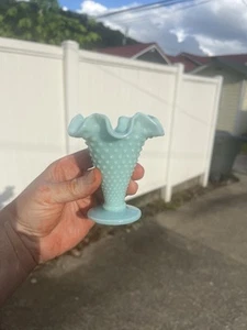 Vintage Fenton Hobnail Turquoise Pastel Milk Glass Ruffled Vase 4” Scarce Color - Picture 1 of 16