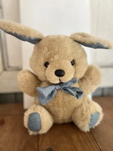Vintage Teddy Bunny Stuffed animal Beige Body Blue Accents Bow Feet Hands - Bild 1 von 6