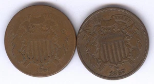 Lot of TWO (2) - Two Cent Copper Coins + 1866 & 1867 + No Reserve! - Picture 1 of 2