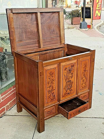 Asian Oriental Antique storage chest trunk with drawer and floral motif Cover