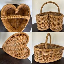 15" Old VTG Heart Shape Bamboo Wicker Rattan Deep Basket w Forearm Handle Lovely