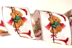 Christmas Bears 2.5" x 5 yd White Wired Ribbon Red Green Outfits. Silver Glitter - Picture 1 of 5