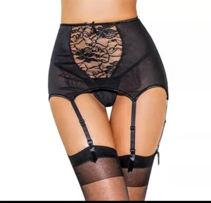 ❤️XXL Women's Sexy BLACK High Waist Lace Garter Belt Long Garters w/ Thong Panty - Picture 1 of 7
