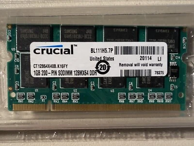 Crucial 1GB 200 Pin DDR2 SODIMM 126MX64 Memory Card NEW In Package - Image 1 of 4