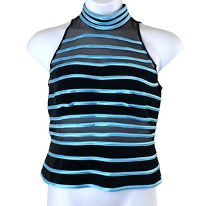 JS Collections Womens Sleeveless Top US Size 14 Blue Black Stripe Sheer Mesh - Picture 1 of 16