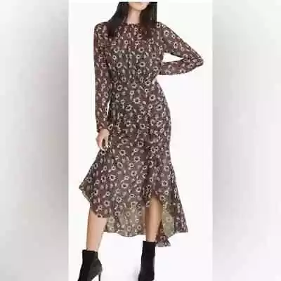 Veronica Beard Silk Floral Midi Dress Size 00 Brown Asymmetrical Hem Fit Flare - Image 1 of 4