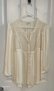 Charming Charlie Womens Blouse Ivory Long Sleeve V Neck Buttons See-through lace - Picture 1 of 3