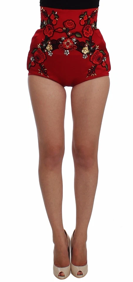 DOLCE & GABBANA Shorts Red Silk Crystal Roses Hot Pants IT40 / US6 / S RRP $4900 - Image 1 of 4