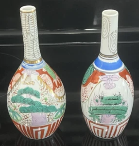 2 antiche bottiglie giapponesi Saki Tokkuri epoca Meiji Kutani Ware dipinte a mano - Foto 1 di 14