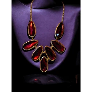 Bold Red & Gold Statement Necklace–Faceted Teardrop Bib – Gothic Glam -15” Drop - Picture 1 of 4