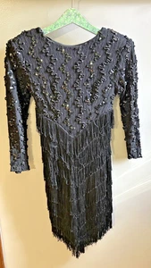 Vintage Dave & Johnny Kleid 5/6 Medium Fransen Pailletten schwarz Party Flapper formell 80er - Bild 1 von 10