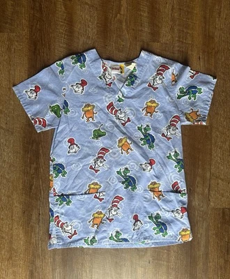 Vintage Dr. Seuss Scrub Top Size Small Women’s All Over Print Cat In The Hat - Image 1 of 3
