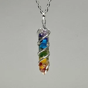 7 Chakra Real Gemstones in Orgonite Wire Wrapped Pendant With Chain Necklace  c - Picture 1 of 10