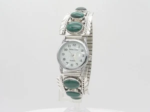 Orologio Uomo Navajo Argento Sterling Malachite Punte di Pansy Johnson - Foto 1 di 8