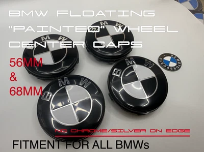 BMW "PAINTED" Floating Wheel Center Cap Set 68mm & 56mm NO CHROME ON EDGE! B/W - Image 1 of 4