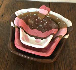 3-PC Ceramic Nesting Bowls, Pink & White & Brown, Cupcake Design, Free Shipping