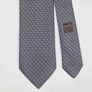 HERMES TIE 659201 T Polka Dot & Geometric on Dark Blue Woven Silk Necktie - Picture 1 of 6
