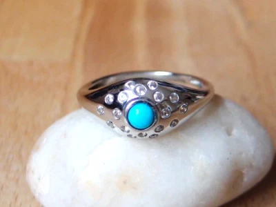 Anillo Arizona Bella Durmiente Turquesa y Circón Cúpula Plata de Ley 925 Talla O Foto 1 de 4