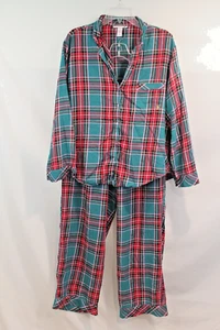 Victoria's Secret Flannel PJ Set size L Green Tartan Button Up  Logo Drawstring - Picture 1 of 14