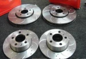 VW GOLF MK4 AUDI A3 SEAT LEON FRONT REAR DRILLED AND CURVED GROOVED BRAKE DISCS - Picture 1 of 3