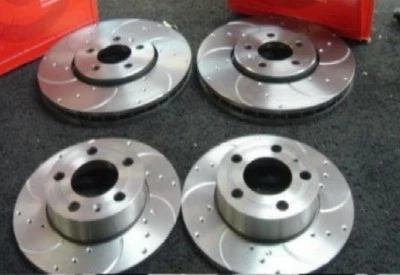 VW GOLF MK4 AUDI A3 SEAT LEON FRONT REAR DRILLED AND CURVED GROOVED BRAKE DISCS - Image 1 of 3