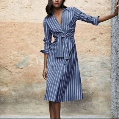 Lafayette 148 New York Kylo Concord Stripe Midi Shirt Dress Blue Sz 2 - Image 1 of 4