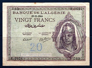 Billet 20 Francs- Banque de l'Algérie. 29-11-1944. Colonies Francaises. TTB+ - Picture 1 of 2
