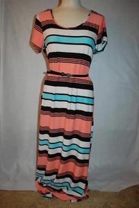 Womens MAXI DRESS Belted PEACH AQUA BLACK WHITE Striped LACE PANEL Size L 12-14 - Picture 1 of 1