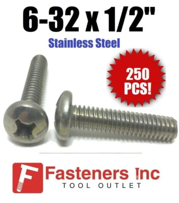 BRIGHTON (Qty 250) #6-32 x 1/2" Phillips Pan Head Machine Screw Stainless Steel