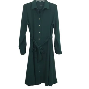 Lauren Ralph Lauren Fit and Flare Shirt Dress Midi Belted Green Gold NWT Size 10 - Picture 1 of 14