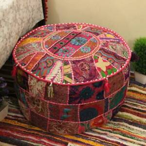 Fabric Pouf Ottoman Stool Indian Design Vintage Patchwork Hippie Home Decor Boho