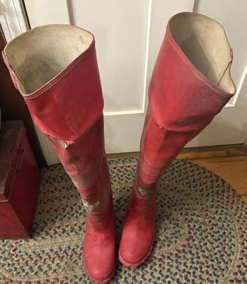 Servus Vintage Firefighter Fireman 3/4 Hip Boots Waders Turnout Boots Size 9 Red - Image 1 of 4