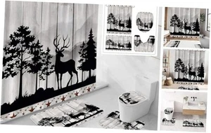 4 Pcs Rustic Forest Shower Curtain Set with Non-Slip Rugs, Toilet Lid Deer - Picture 1 of 7