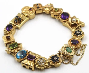 14K Yellow Gold Gem Mix Vintage 17 Slide Glatter Klein Daffer 8.25” Bracelet 58g - Picture 1 of 12